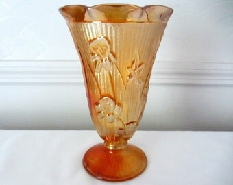 Jeannette Marigold Iris And Herringbone Carnival Glass Vase
