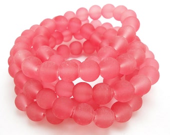 50 Frosted Pink Matte Sea Glass Beads 8mm frosted beach glass round (H5007)