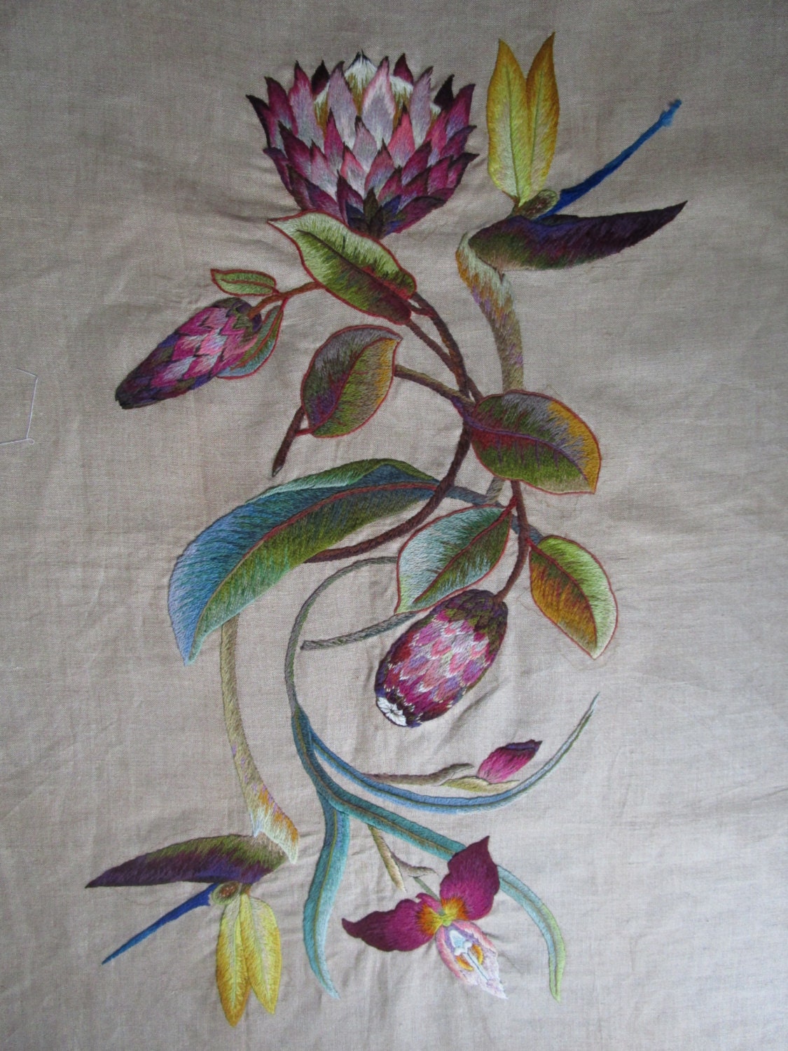 Art Nouveau Wool Yarn Embroidery 27 x 36 Orchid Bird