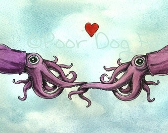 Stubby Squid Love -Original Watercolor painted print
