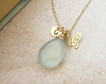 Personalized Butterfly Necklace, Stamped Initial and Gemstone of Choice, Gold Filled Charm Necklace Customized Gift for Bridesmaids