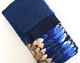 NEW BABY BLANKET / Navy Nature satin print with soft minky dimples and trim / Beautiful and unique baby shower gift