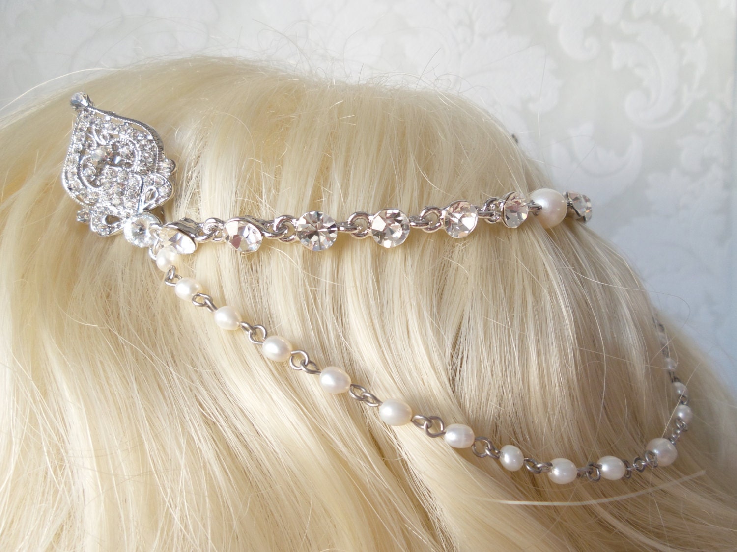 Pearl Bridal Head Chain with 2 Lines of Swarovski Pearl by dalfiya