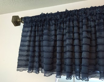 Navy Valance- Ruffled Valance- 13 inch Extra Wide Valance- Country Kitchen Curtain Valance- Girl Nursery Curtain- Sheer Valance Blue Curtain