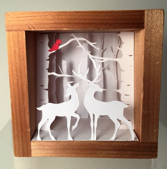 Items similar to Miniature Woodland Papercut Shadow Box, Deer in Wooded