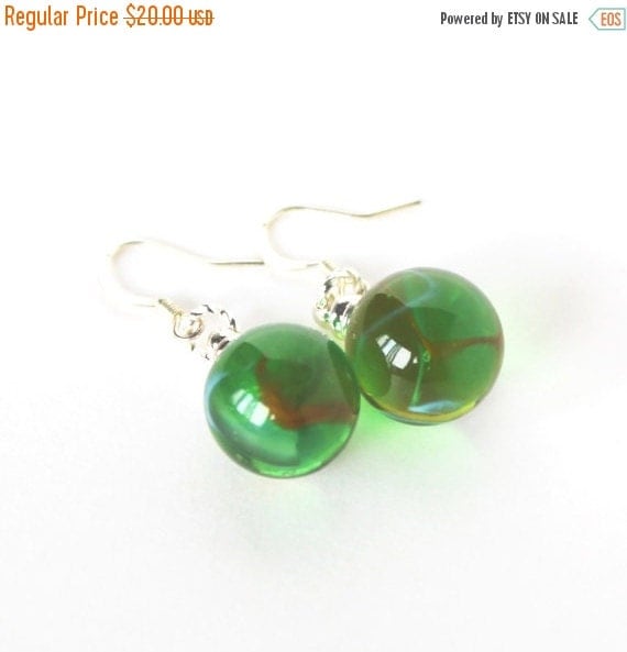 Green white and red glass marble dangle earrings by bunnyboutique