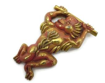 Figural Fur Clip - Ape, Pink Enamel Painted, 1930s 1940s, Silson, Pot Metal