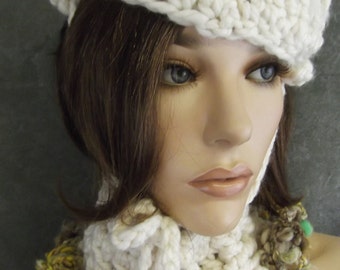 Accessory,Women,Hat Set,Mini Hat,Fascinator,Collar,Scarflette,Corespun yarn,Winter White,Ecru,Brown,OOAK,