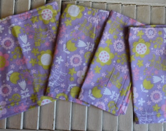 Set of 4 8" Flannel Cloth Napkins, Wipes, Un Paper Napkins Light Purple Floral Print