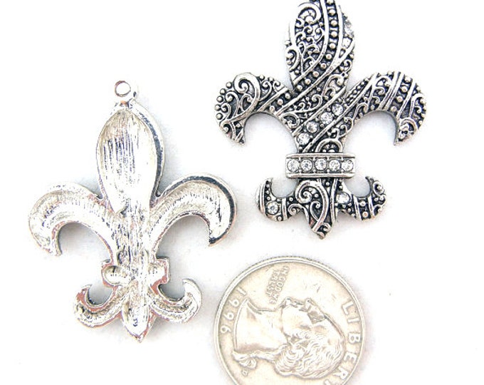 Pair Fleur de Lis Charms Antique Silver-tone Rhinestone Accent