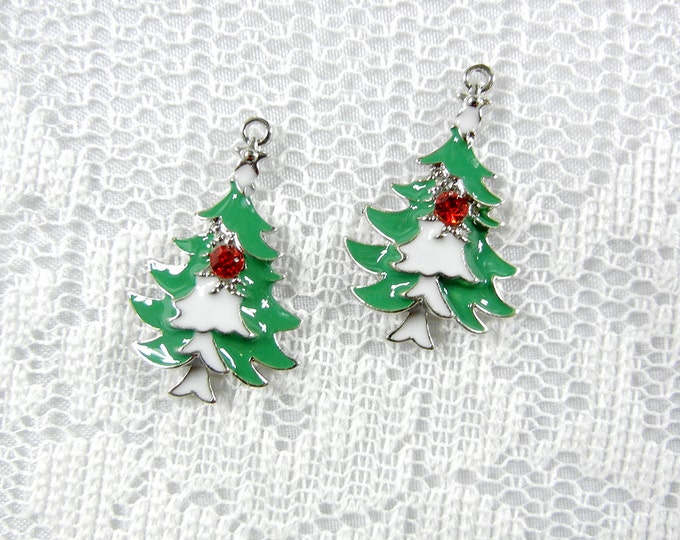 Pair of Christmas Tree Charms Green and White Epoxy Red Rhinestone