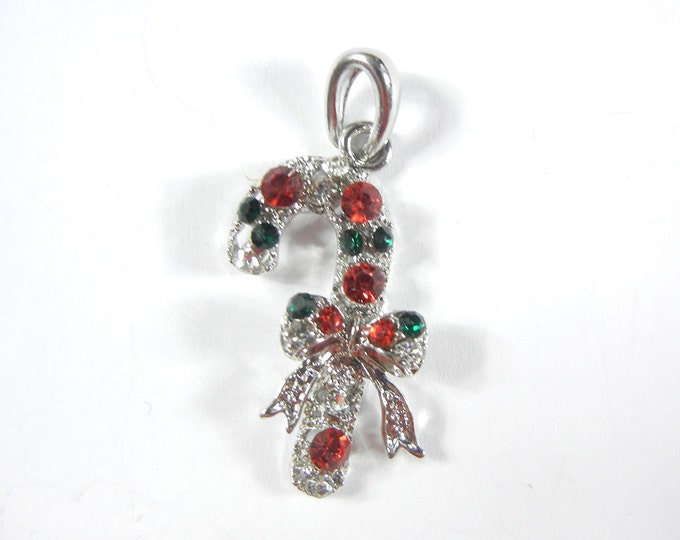 Christmas Cane Pendant Red Green Rhinestones