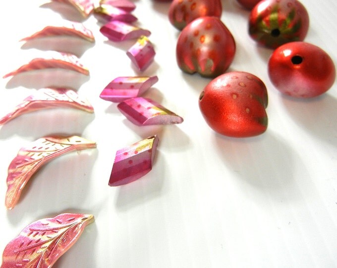 Set of 8 Dimensional Acrylic Strawberry Beads 8 Leaf Charms 8 Diamond Shaped Charms