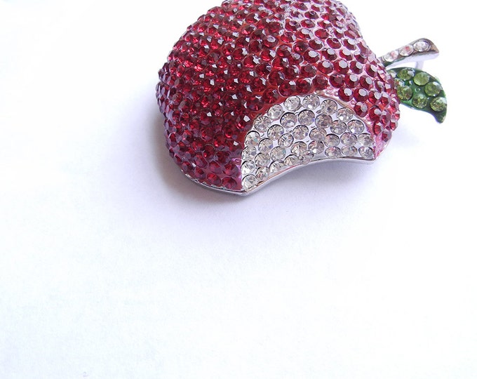 Large Red Rhinestone Bitten Apple Pendant Silver-tone