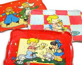 50's Tin Toy Tea Trays in Red & Blue, by Ohio Art, Instant collection. Kids and kitties.