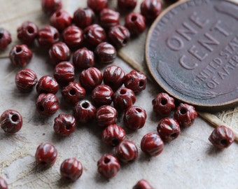 RED MINI MELONS .. 50 Picasso Czech Melon Beads 3mm (5060-50)