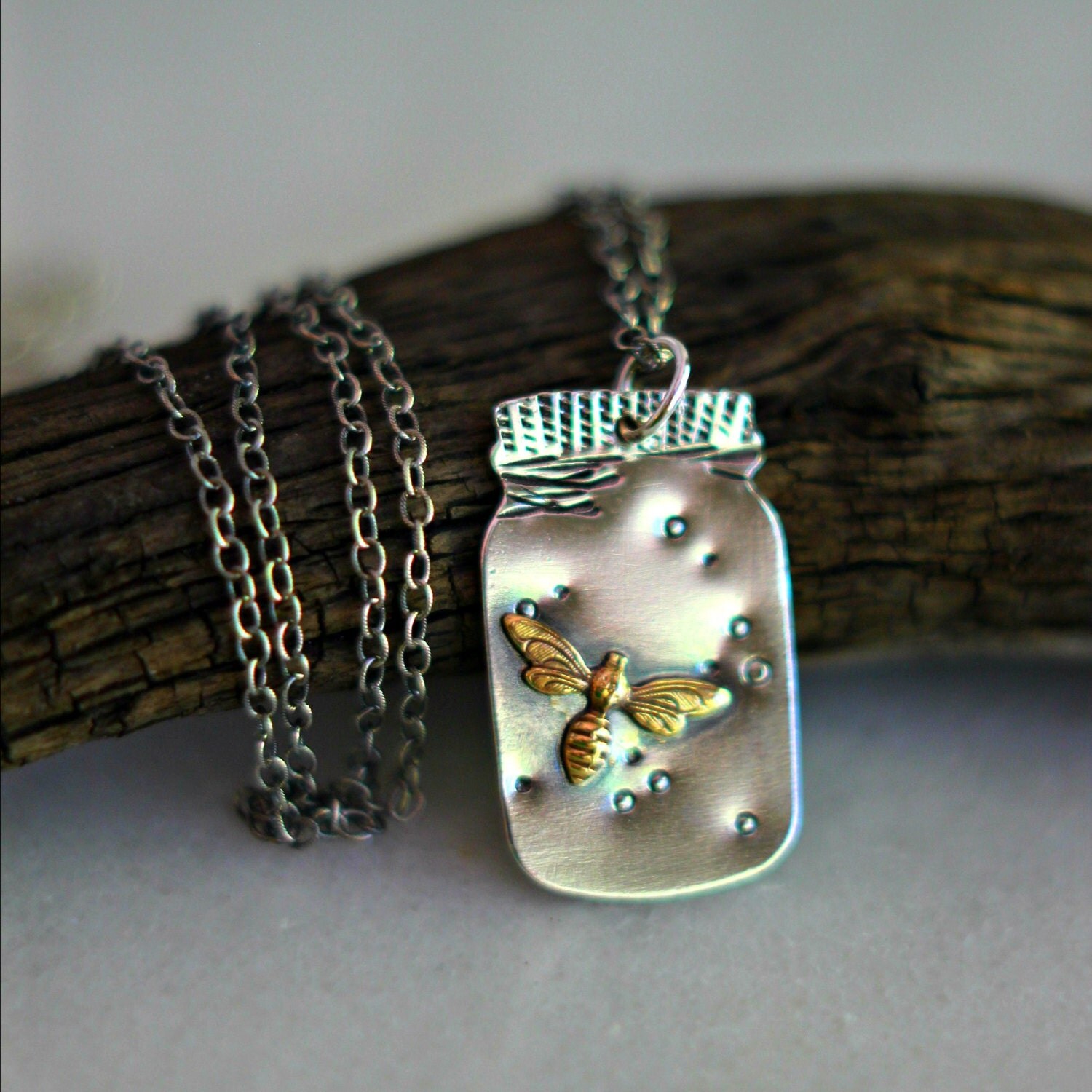 Fireflies Pendant Mason Jar Necklace Sterling Silver Summer