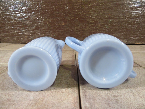 Ribbed vintage blue agate glass sugar and creamer fine