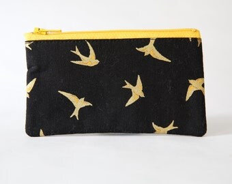 Bird Zipper Pouch, Black and Gold Fabric, Coin Purse, Card Wallet, Gadget Case, Ready to ship, Gift Idea