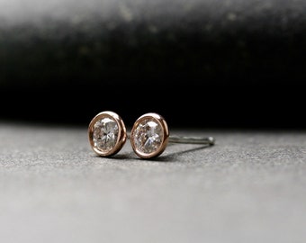 Bezel set 14k rose gold and round brilliant cut Moissanite stud earrings 4mm half carat tw