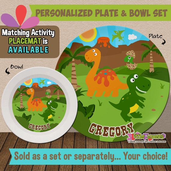 Dinosaurs Plate and Bowl Set Personalized Melamine Children Plate