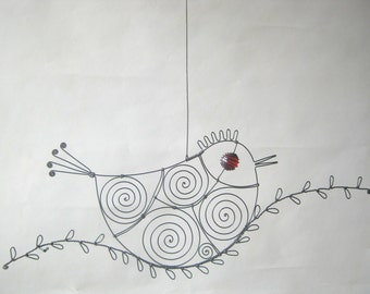 Wire Animal Sculpture / Red - Eyed Wire Bird On A Wire Twig / Wall Art Or Window Art