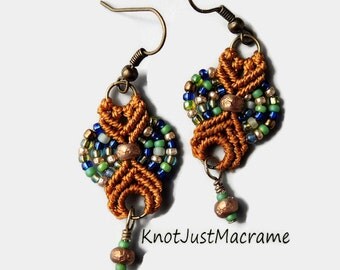 Gold, Green and Blue Colored Beaded Macrame Earrings MicroMacrame