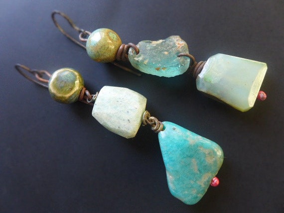 Mellifluous. Asymmetrical assemblage earrings in seafoam green.