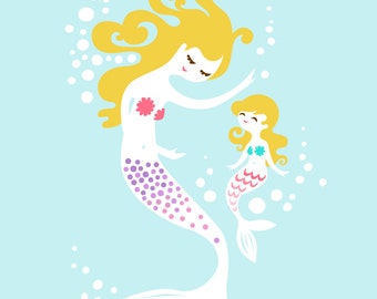 8X10" Mermaid mother & Daughter giclee print on fine art paper. Sky blue, teal, pink, lilac purple and blonde