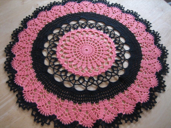 New, Crochet, table decor, lace doily, made by Demet, black and coral color, fabulous looking, ships free in the U.S. table center