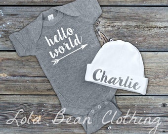 Baby Boy Coming Home Outfit Newborn Hello World Bodysuit Grey Custom Personalized Hat Beanie Take Home Outfit lolabeanclothing