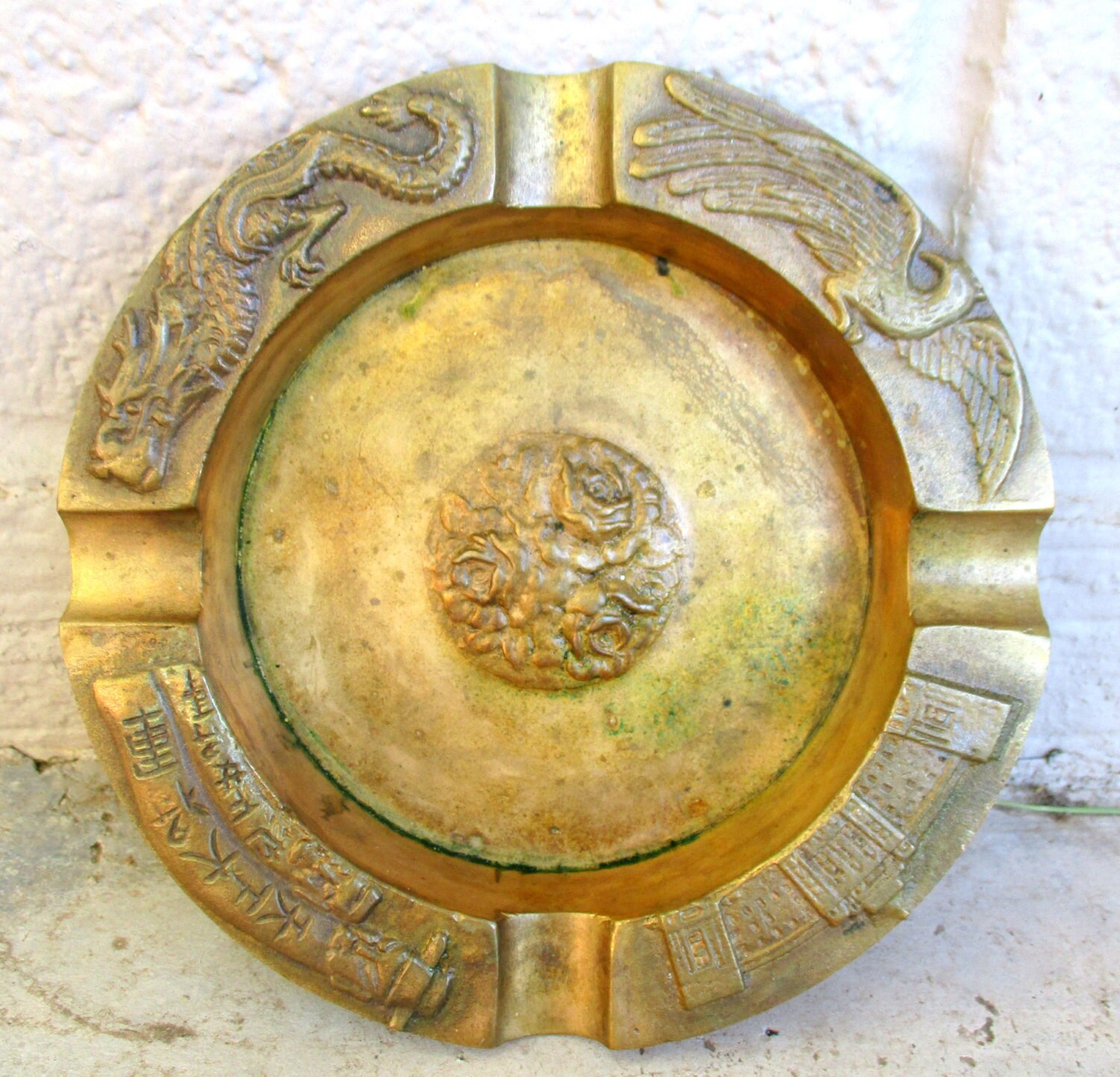 Vintage Asian Korean Cast Brass Metal Ashtray Dragon Souvenir 2268