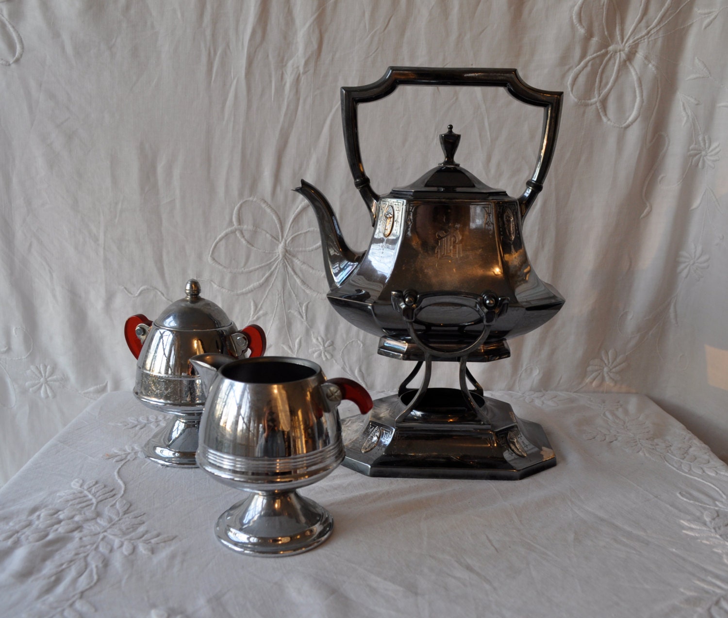 Vintage Coffee Urn On Tipping Stand with Creamer and Sugar