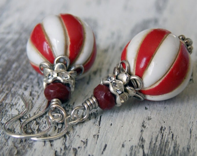 Custom Order for Tamara.. Red and White Striped Beaded Earrings Old Fashioned Striped Peppermint Candy Earrings