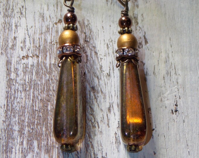 Boho Earrings Champagne Earrings Teardrop Earrings Czech Luster Amber Gold Rhinestones Dangle Drop Mixed Metal Copper Brass Earrings