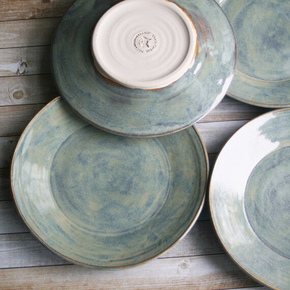 Set of Four Ceramic Dinner Plates in Sage Green Glaze Handmade