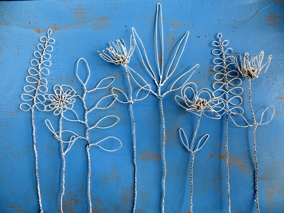 Wire Flowers Boho Bouquet Sculpture in Distressed White