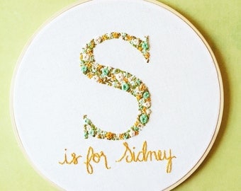 Monogram Wall Decor, Floral Monogram Nursery Art. Baby Shower Gift. Embroidery Hoop Art. Nursery Decor. Flower Hand Embroidery by KimArt.