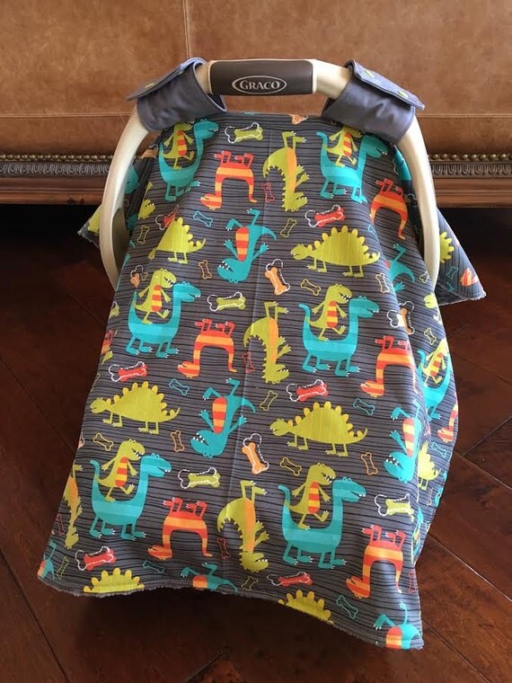 Baby Car Seat Covers DINO Dudes in Gray with Gray Minky