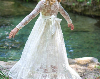 Flower Girl Dress-lvory Lace Long Sleeve Dress- Baby Flower Girl Dress- Dresses- Ivory Girls Dress-Cream Dress- Rustic Wedding Dress