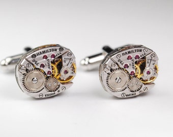 Steampunk Cufflinks Vintage Hamilton Watch Movement Mens Gear Cuff Links by Steampunk Vintage Design
