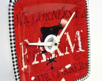 Red Black and White Farm Ceramic Plate Wall Clock No. 723 (8-1/2 inches)