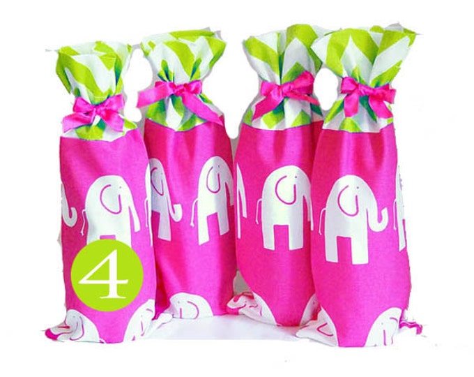 Baby Shower Hostess Gifts, 4 Pack, Elephant Print Wine Bags, Bright Pink Aqua Chevron, Fun Gifts for the Hostess, Baby Shower Party Prizes