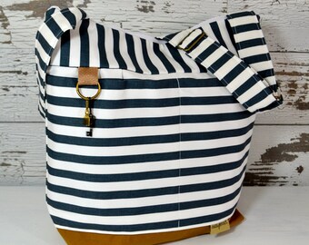 Purse or Tote bag in Stockholm Navy Blue Stripe, waterproof base -3 SIZES - Lightweight and durable! by Darby Mack made in the USA
