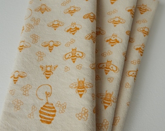Cloth Napkins, Natural Cotton, Hand Printed, Bees, Set of 4, Choose Your Color