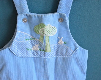 Vintage Baby's Blue Corduroy Overalls with Trees and Embroidered Rabbits - Size 6-9 Months