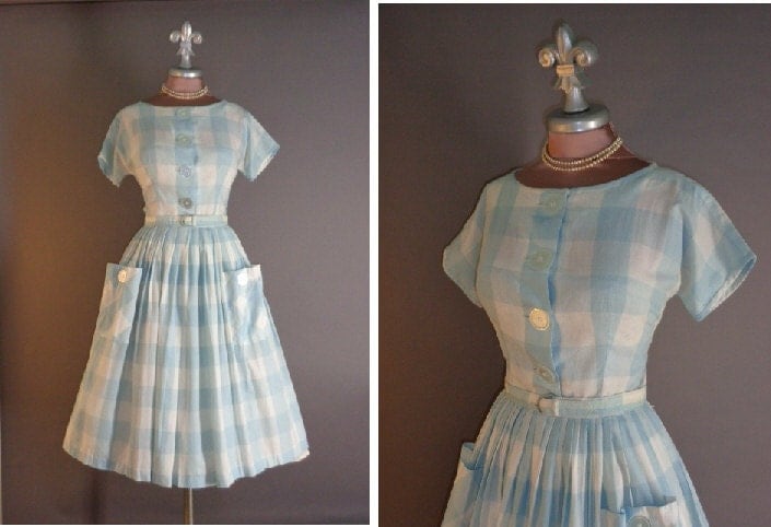 50s dress 1950s vintage BLUE WHITE CHECK large scale gingham