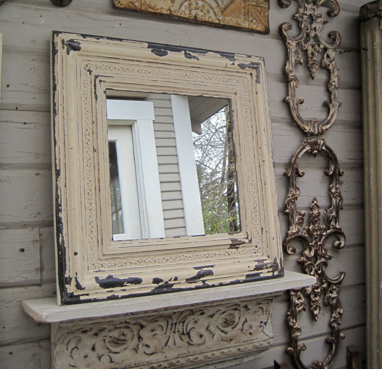 Rustic vintage mirror. 2x2 Framed ANTIQUE Ceiling Tin Tile