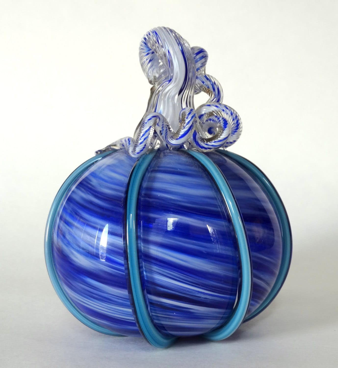 Hand Blown Glass Pumpkin Cobalt Blue and White Swirl with
