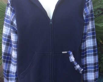 Repurposed hoodie with repurposed flannel shirt, just in time for Fall